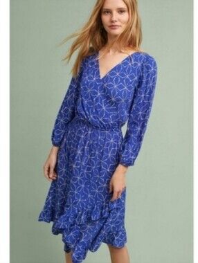 Anthropologie Plenty by Tracy Reese blue and white asymmetrical ruffle dress